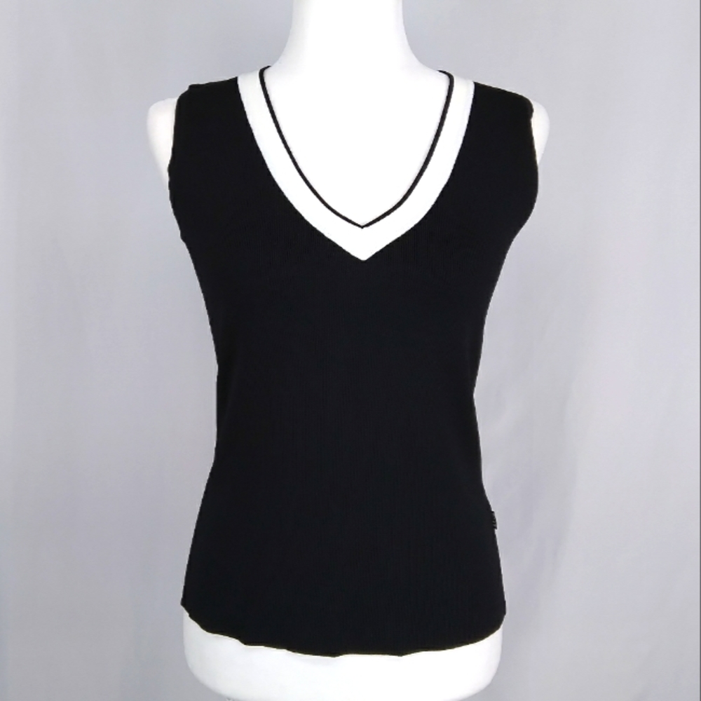 BCBG Black & White Sweater V neck Top L